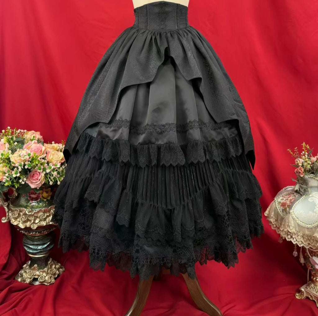 Black Gothic Lolita high waist layered lace skirt