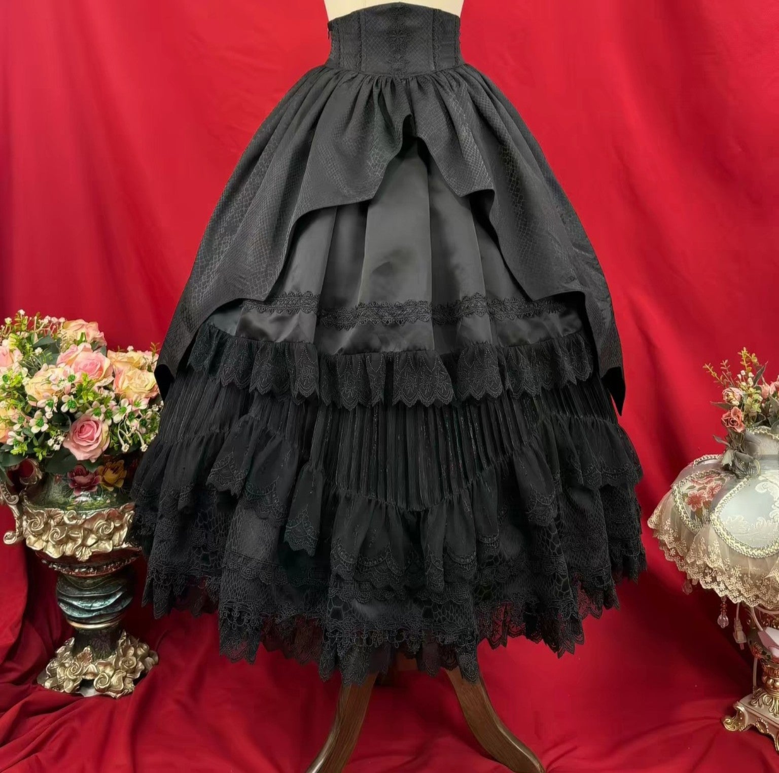 Black Gothic Lolita high waist layered lace skirt