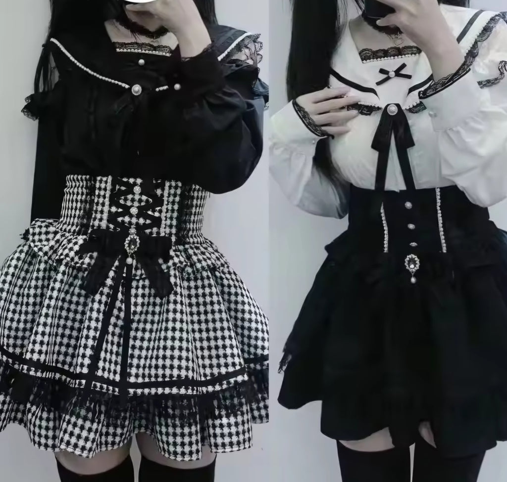 Houndstooth and black high waist Lolita skirts side by side
