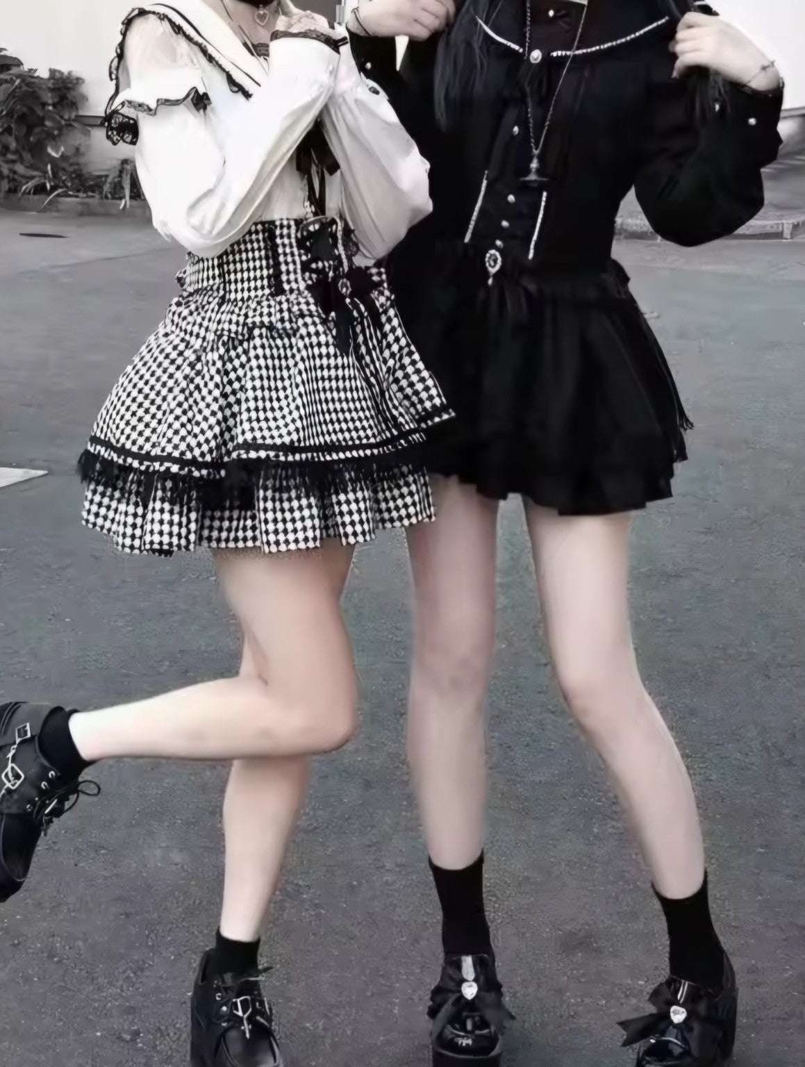 Black and houndstooth Lolita mini skirts styled with blouses