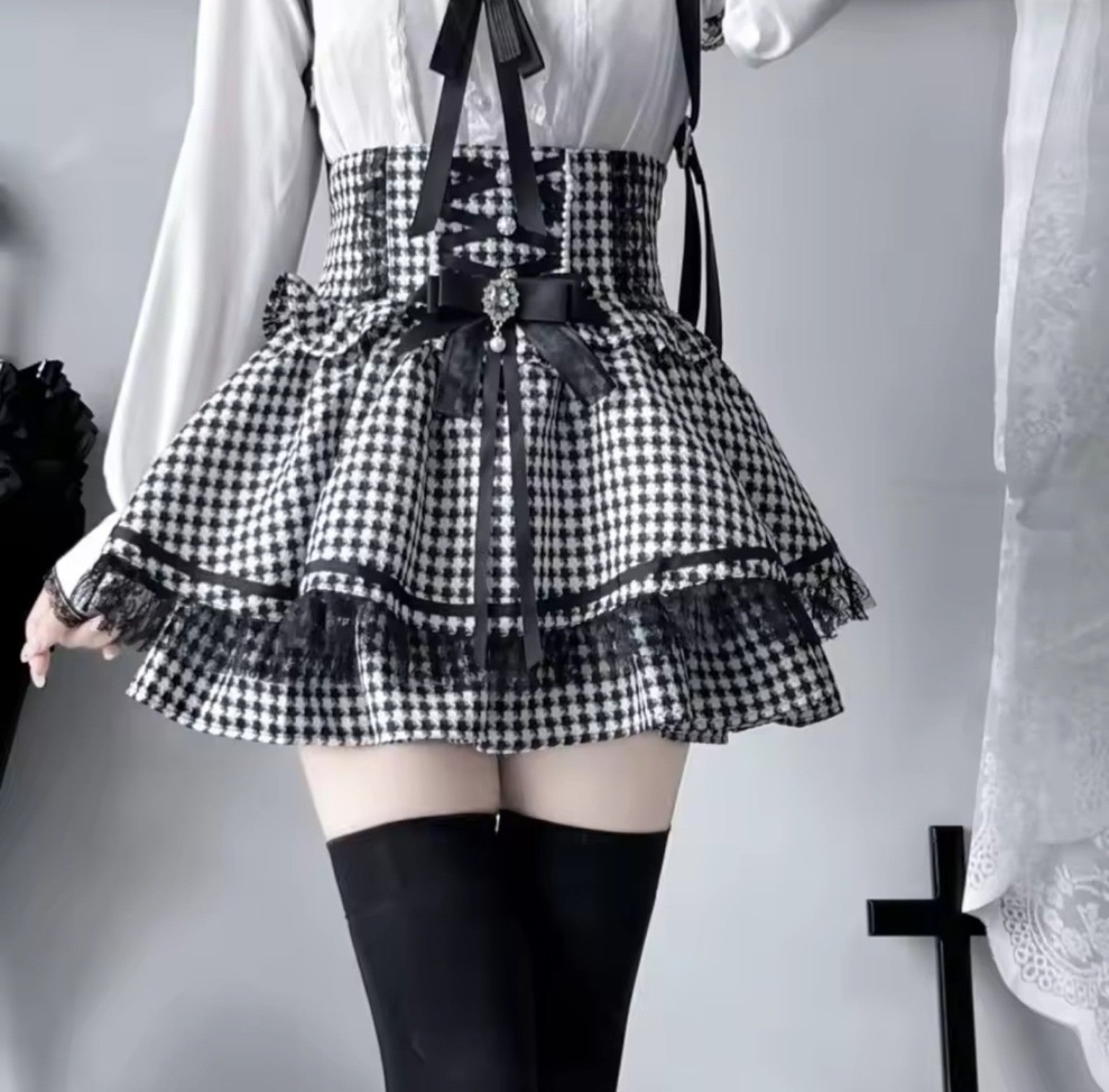 Houndstooth Lolita mini skirt bow and lace detail