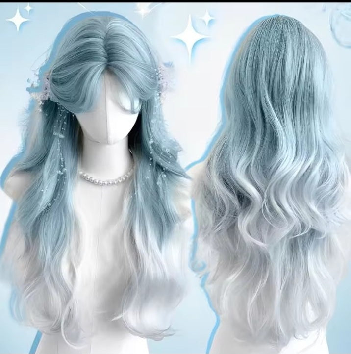 Icy blue and white ombre long wavy synthetic wig