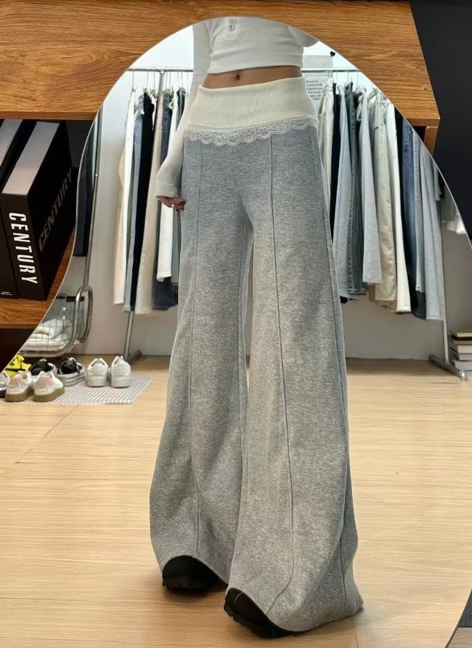 Grey lace trim wide leg pants front view