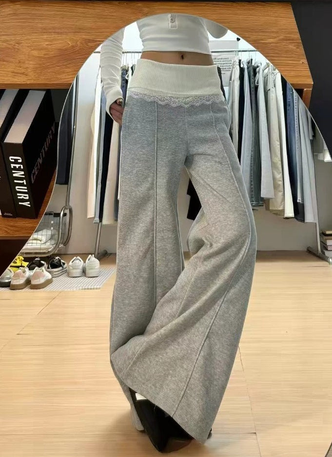 Grey wide leg casual pants styled front view