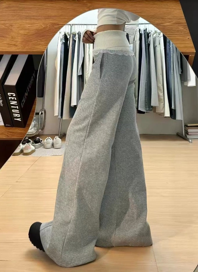 Grey wide leg pants rear side view with lace waistband