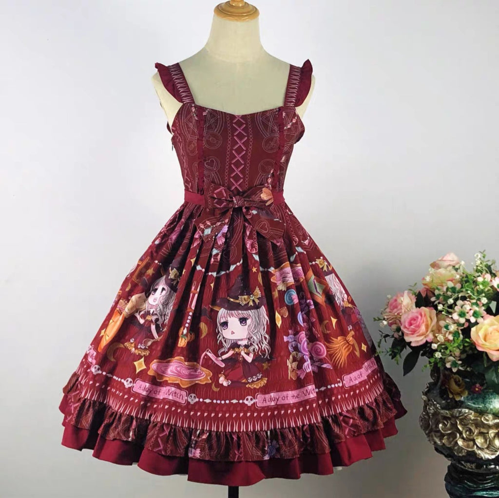 Burgundy little witch Lolita dress with bow and illustrated print