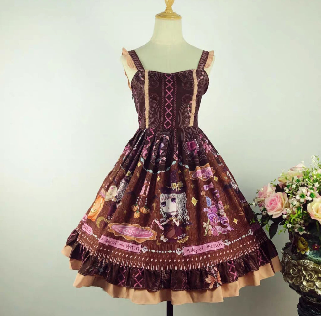 Brown and burgundy little witch Lolita strap dress