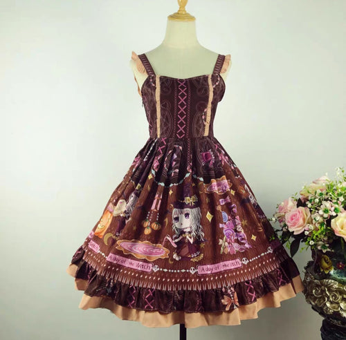 Brown and burgundy little witch Lolita strap dress