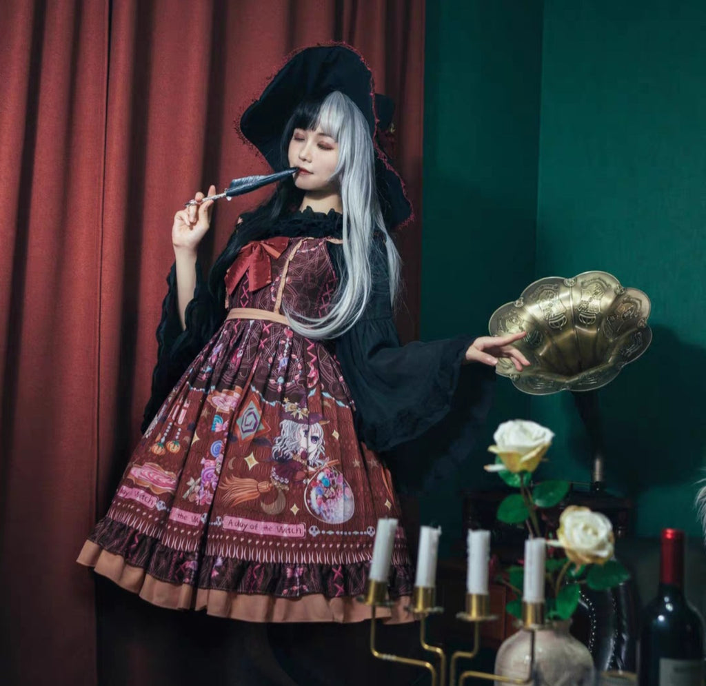 Burgundy little witch Lolita dress styled in dark witch outfit