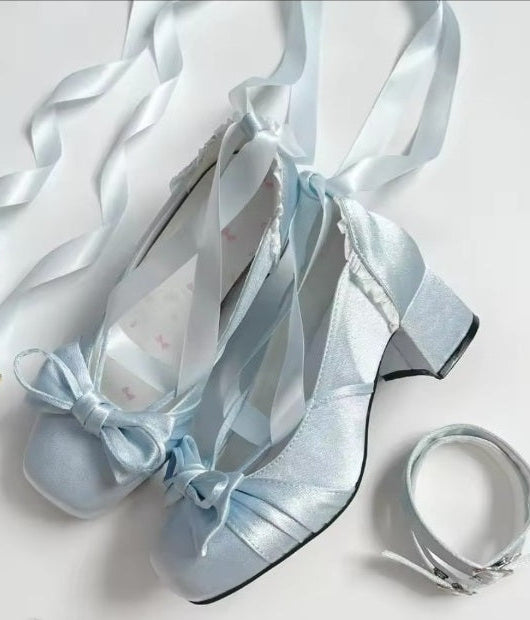Blue satin Lolita ribbon shoes