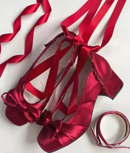 Burgundy satin Lolita ribbon shoes