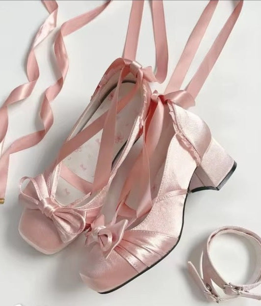 Pink satin Lolita ribbon shoes