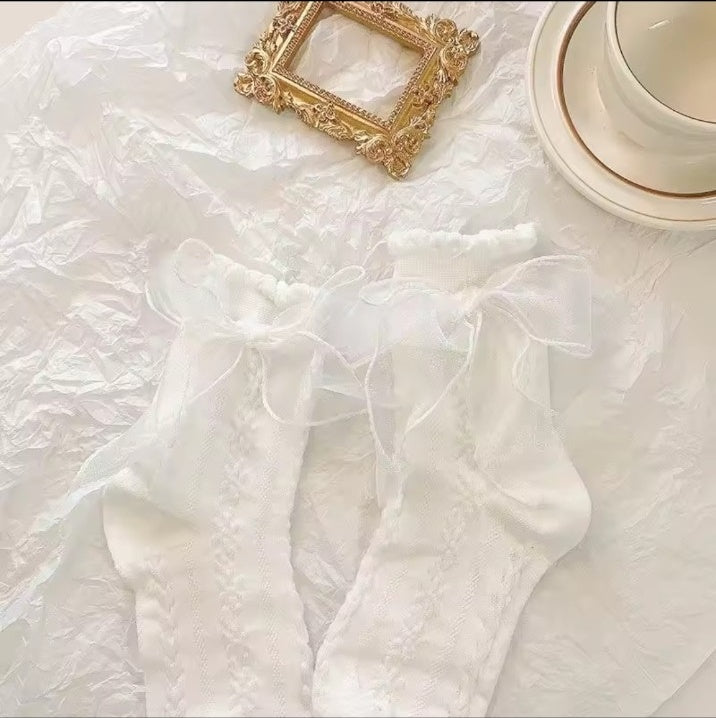 White bow lace middle tube Lolita socks