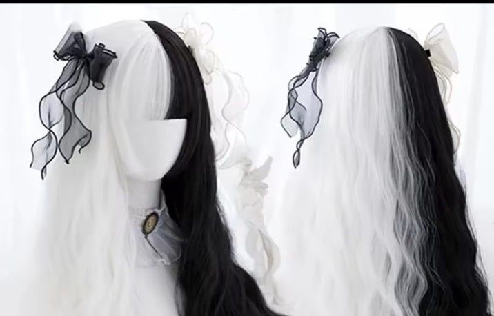 Black and white split long wavy synthetic wig with bangs
