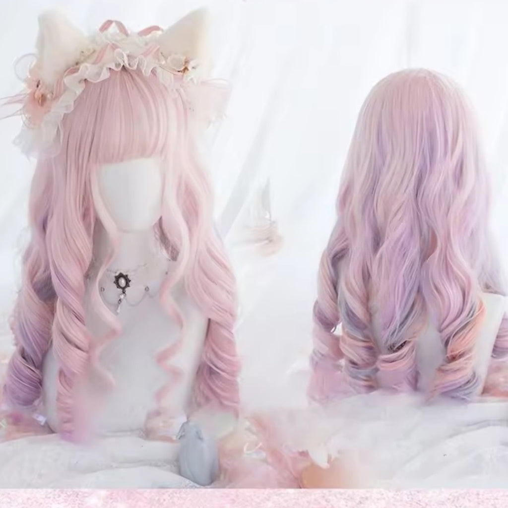 Peach pink and lilac long wavy synthetic wig