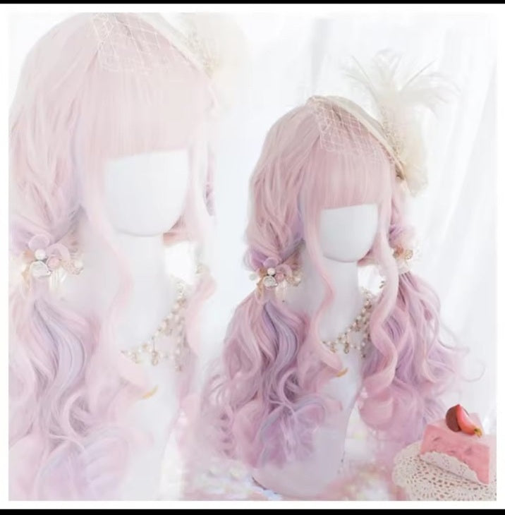 Peach pink long wavy synthetic wig with bangs