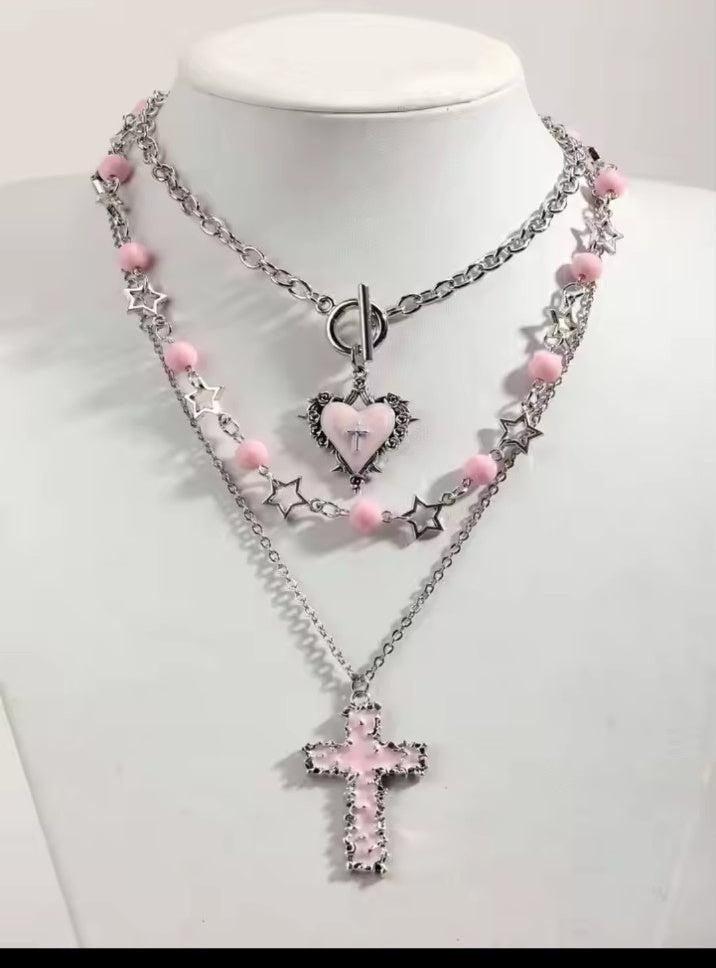Pink gothic layered necklace set with heart cross stars and beads