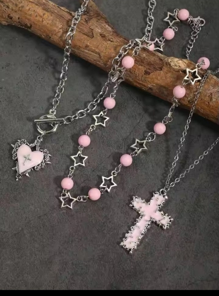 Pink gothic necklace set with cross heart and star details