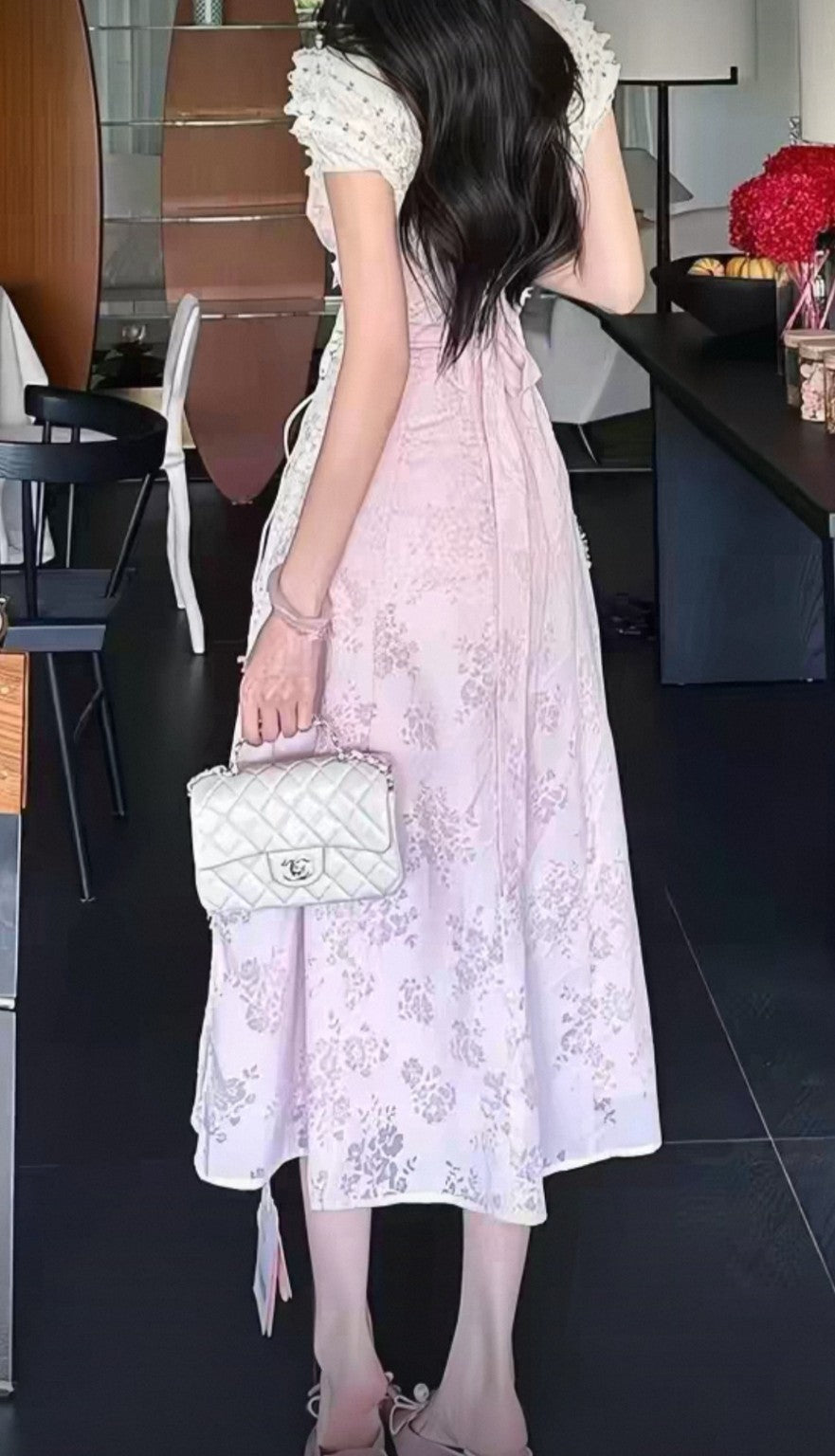 Pink floral lace dress back and side view