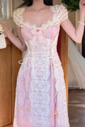 Pink and white lace corset style floral dress front view
