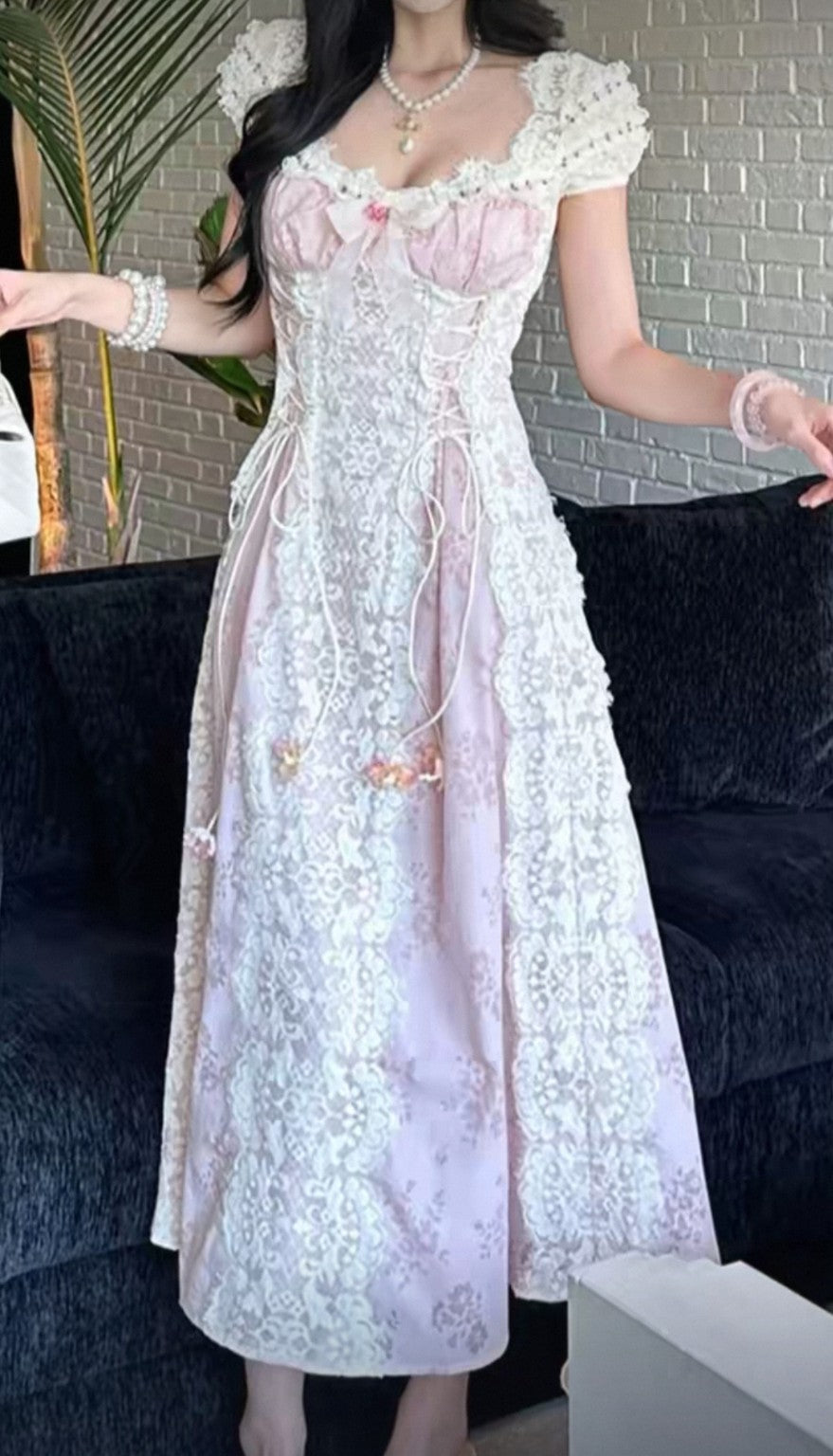 Pink and white lace floral midi dress full view