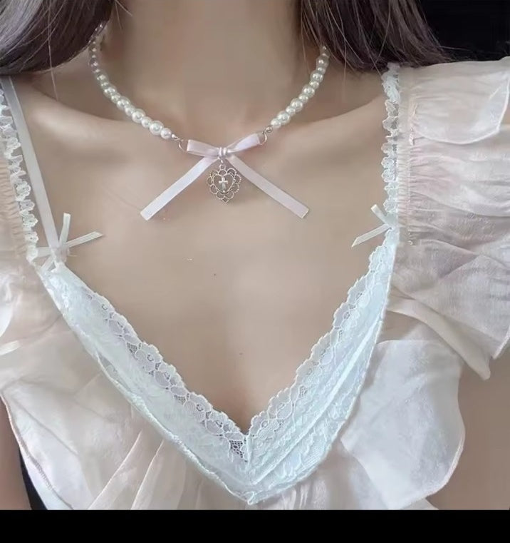 Pink pearl bow heart choker necklace