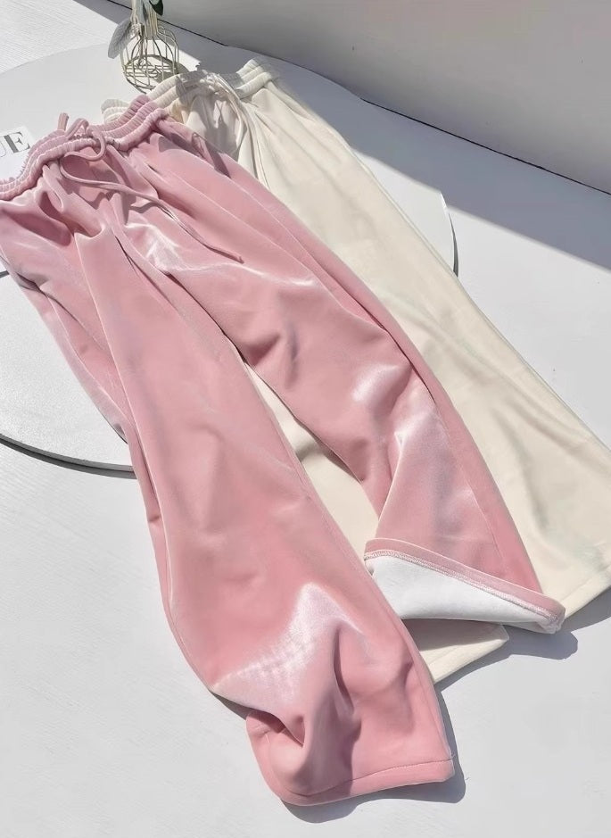 Pink and cream velvet wide leg pants