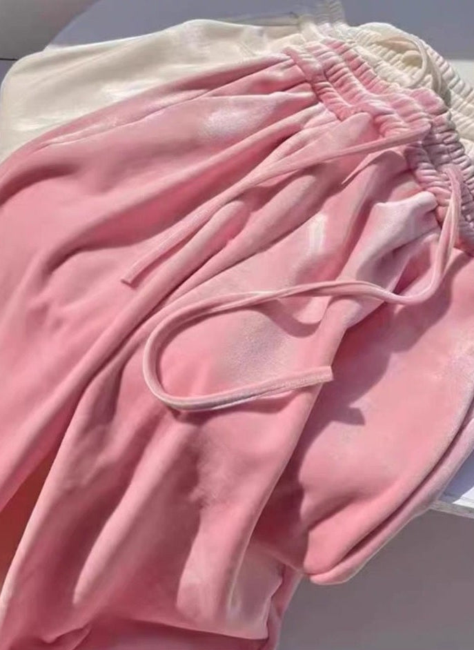 Pink velvet wide leg pants drawstring detail