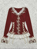 Red vintage lace ribbon long sleeve top