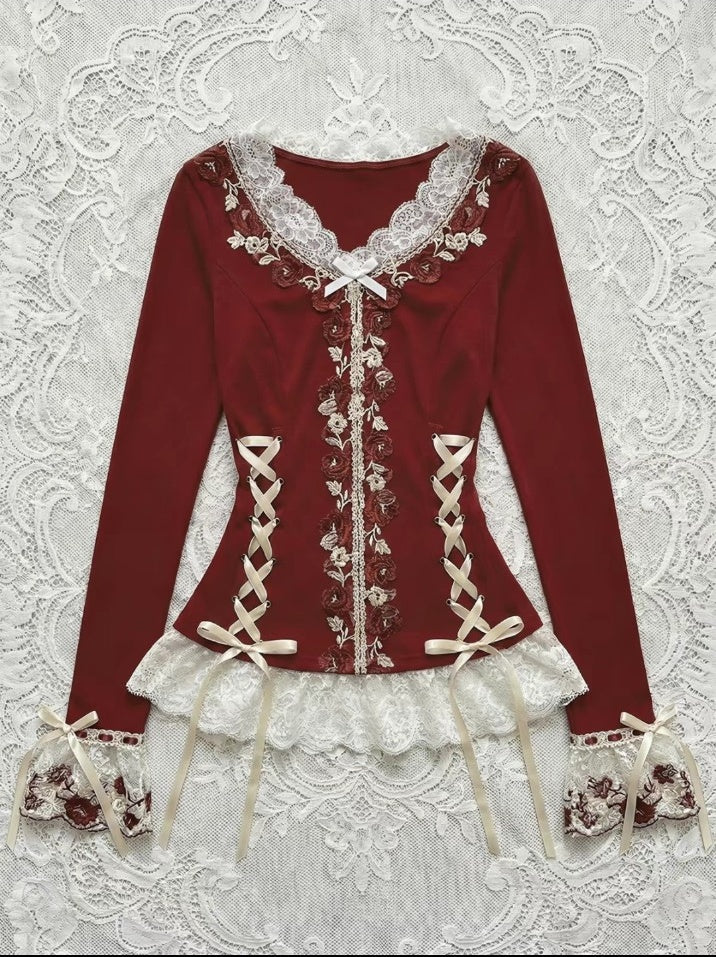 Red vintage lace ribbon long sleeve top