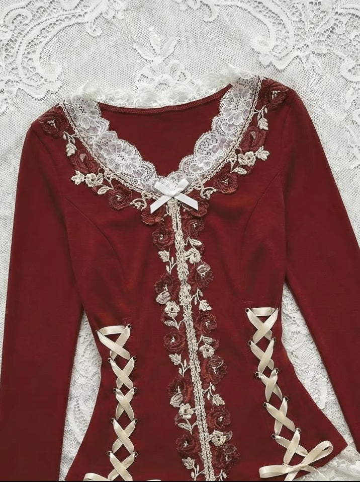 Red lace embroidered top neckline detail