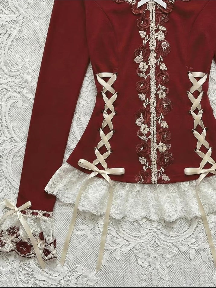 Red lace ribbon top waist and hem detail
