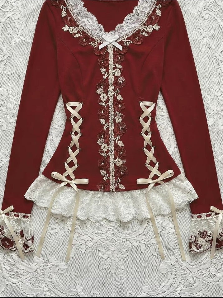 Red embroidered lace long sleeve top full view