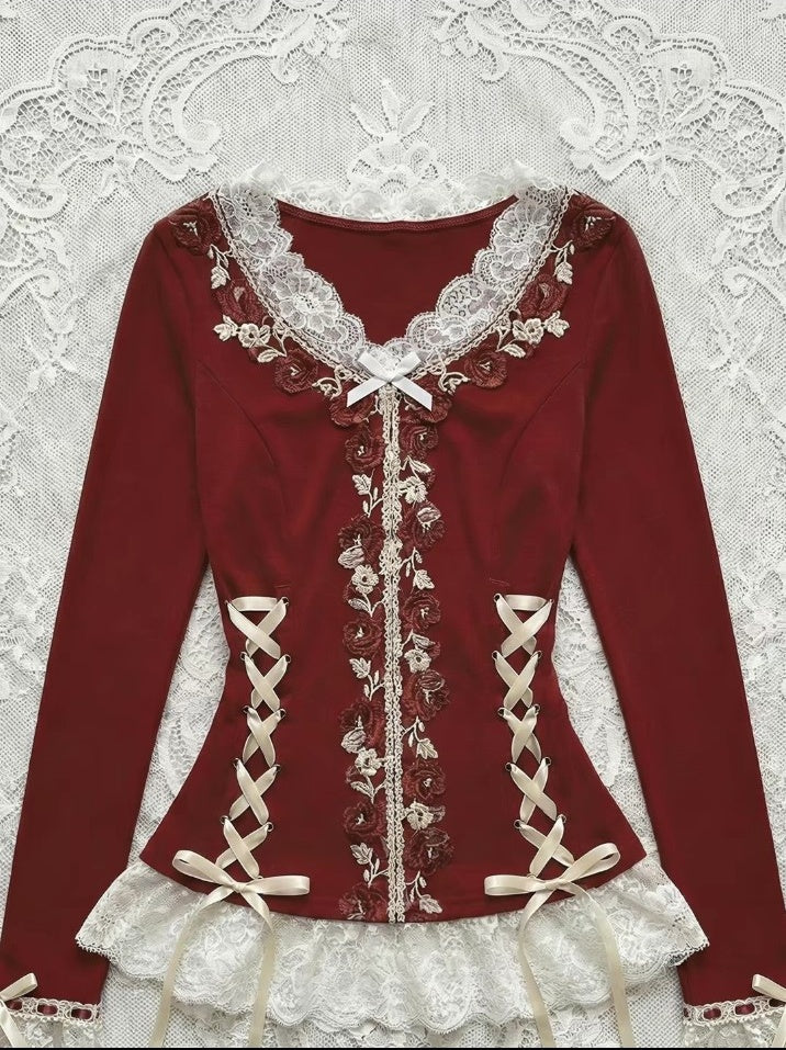 Red vintage embroidered lace top full front