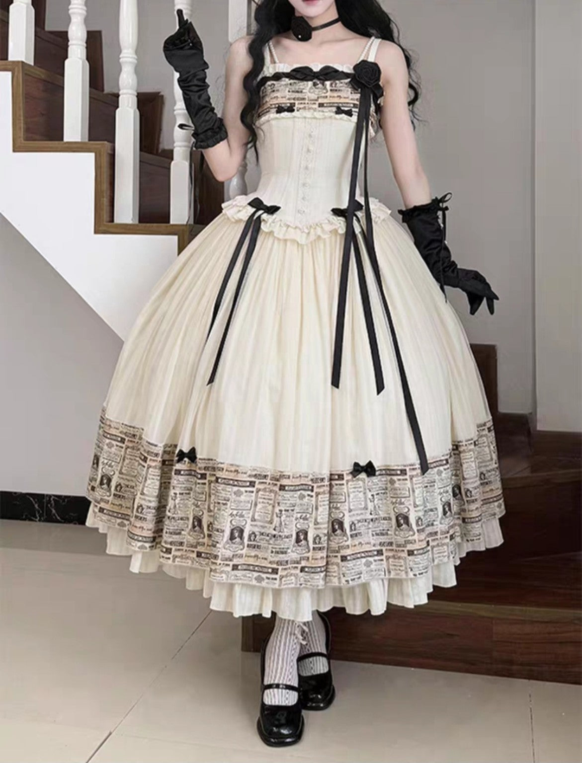 Cream and black vintage print Lolita dress front view