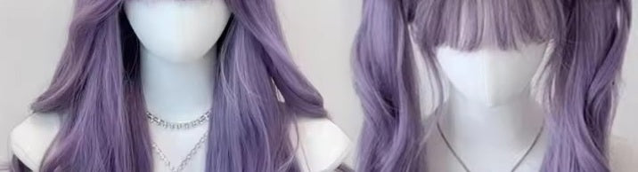 Violet purple long wavy synthetic wig with bangs