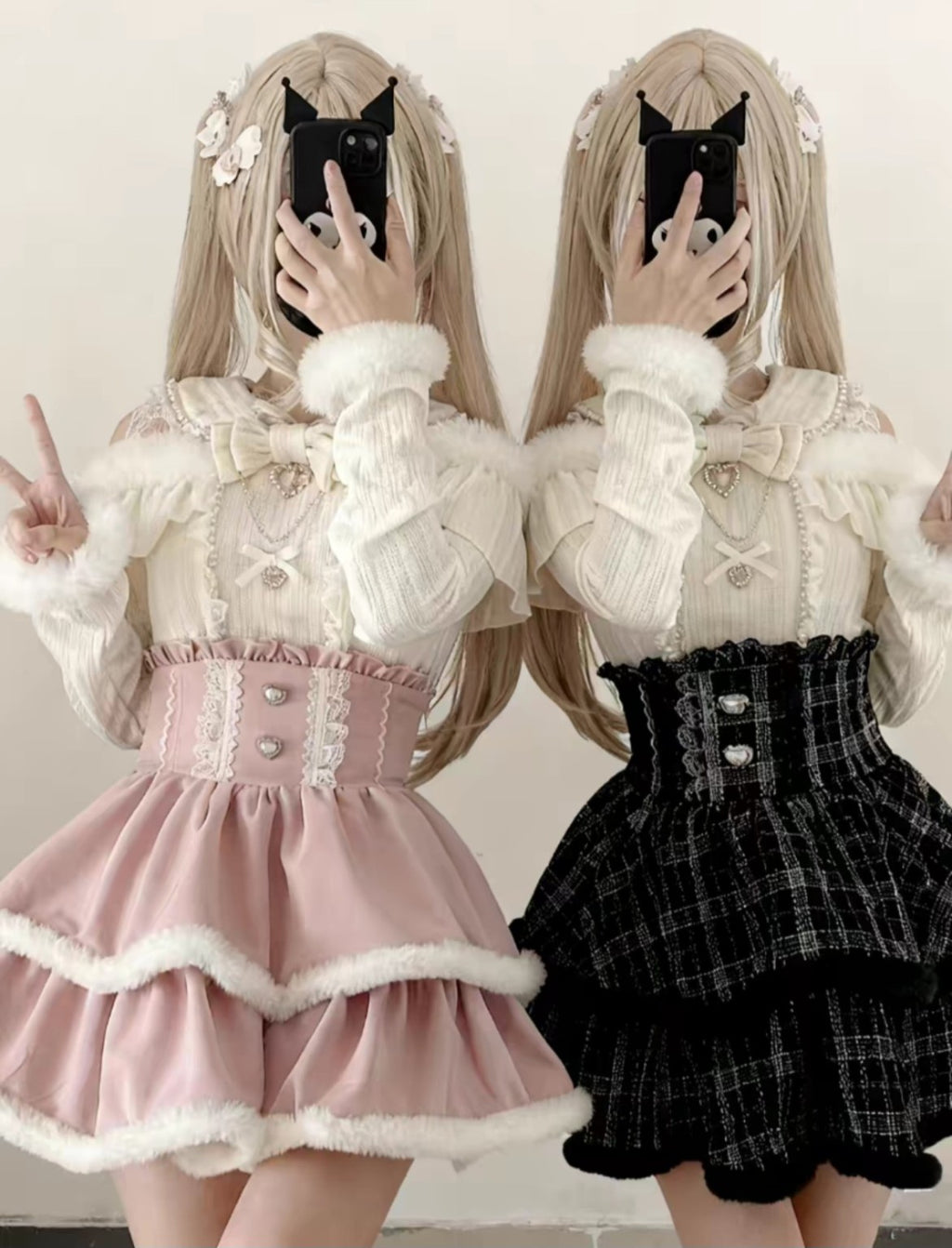 Pink and black winter Lolita two piece skirt sets