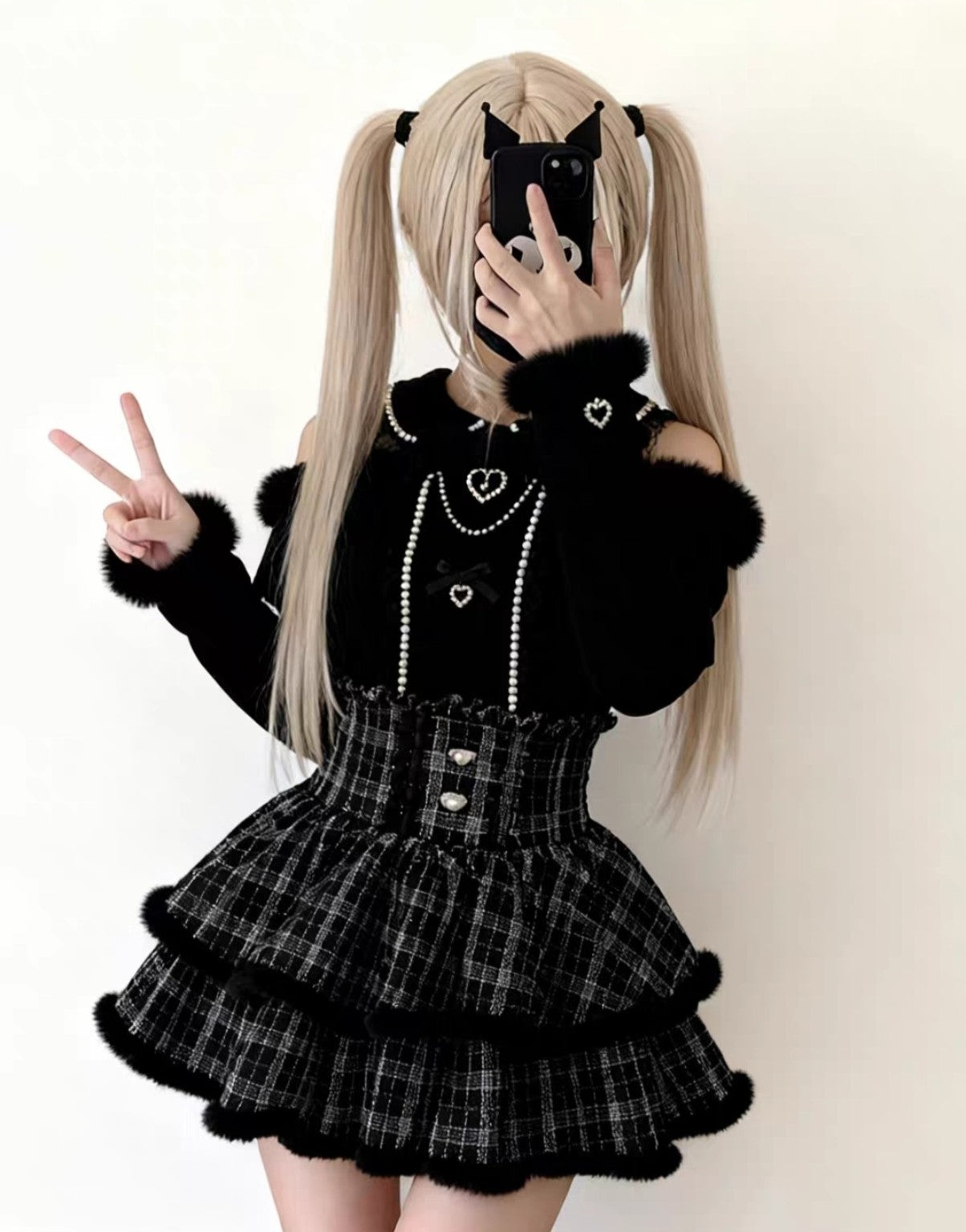 Black and black plaid winter Lolita two piece set