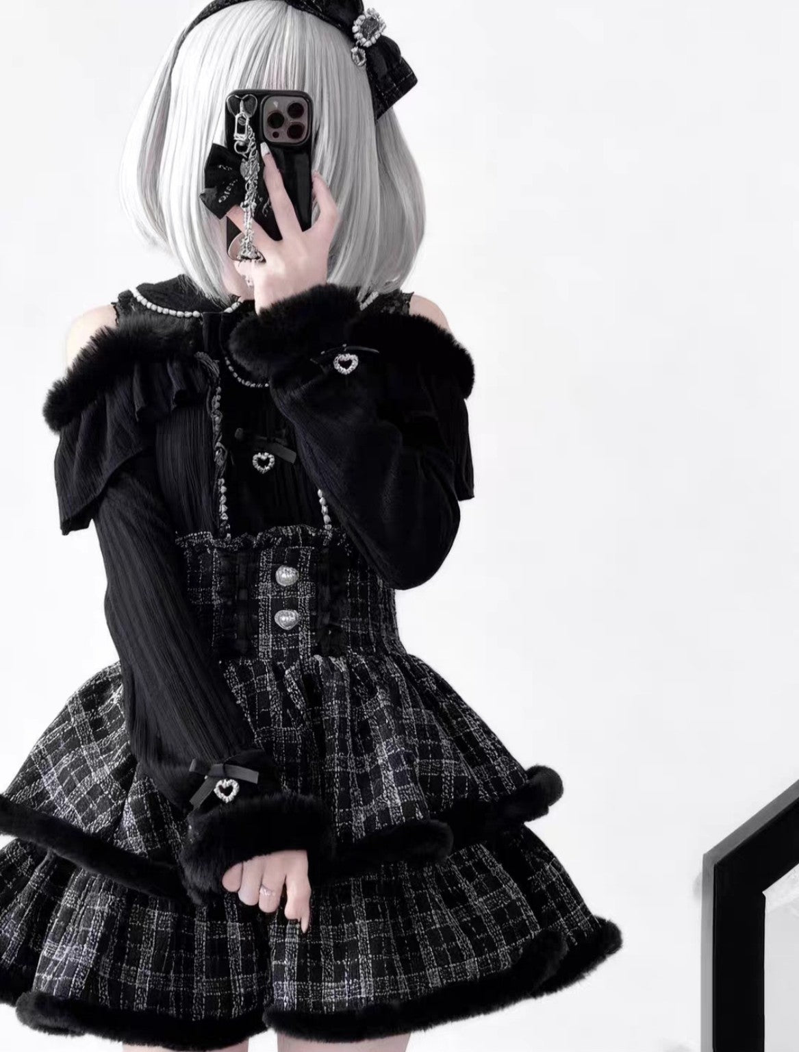 Black plaid high waist Lolita skirt with black top