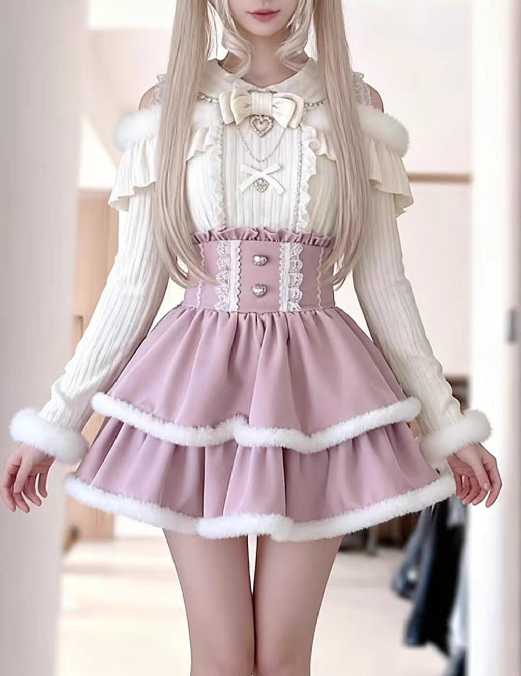 White and pink winter Lolita two piece set with faux fur trim