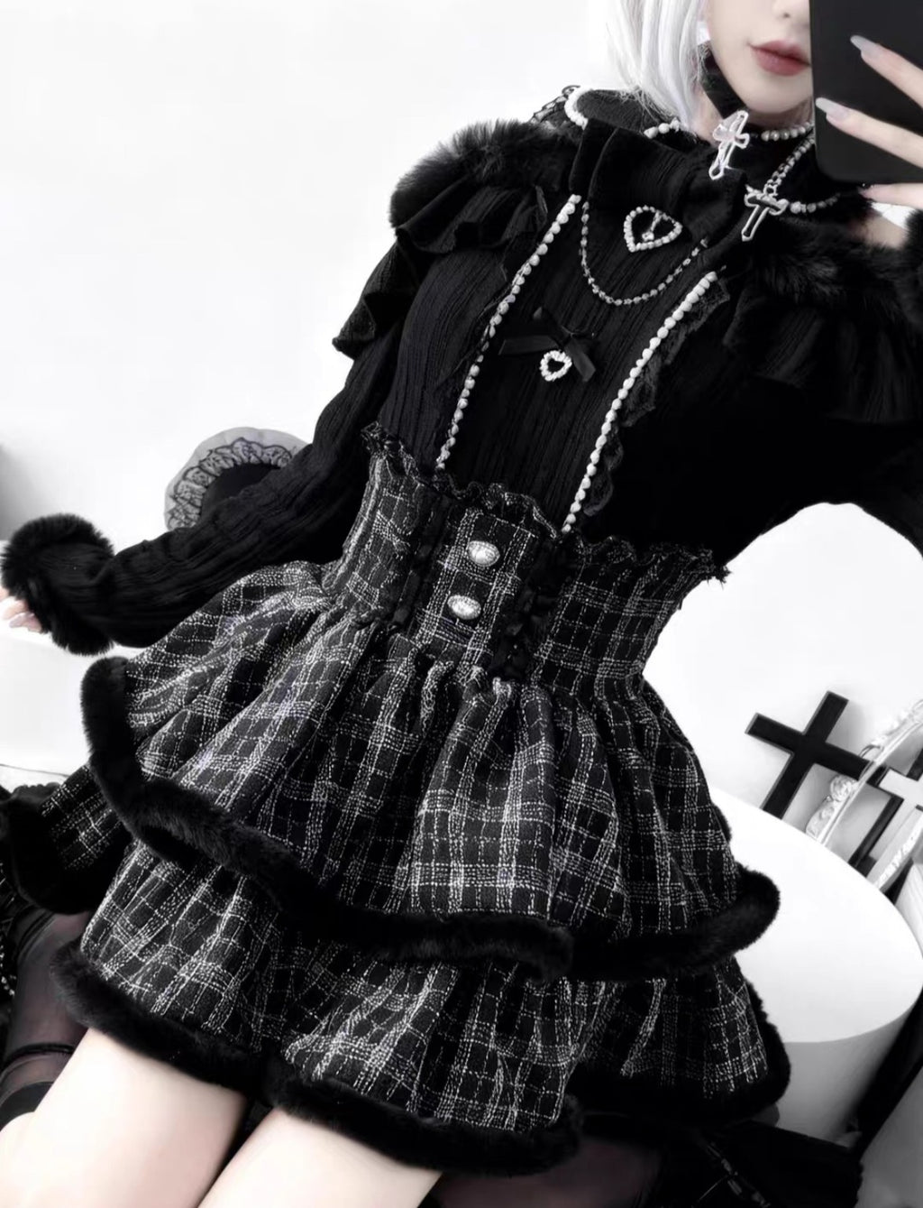 Black and black winter Lolita two piece set with plaid skirt and faux fur trim