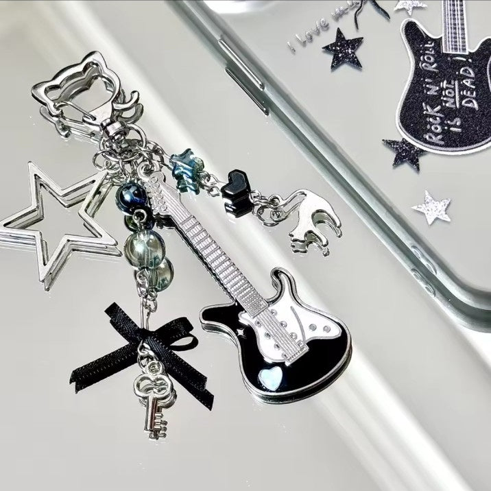 Black Y2K guitar keychain with cat and star charms