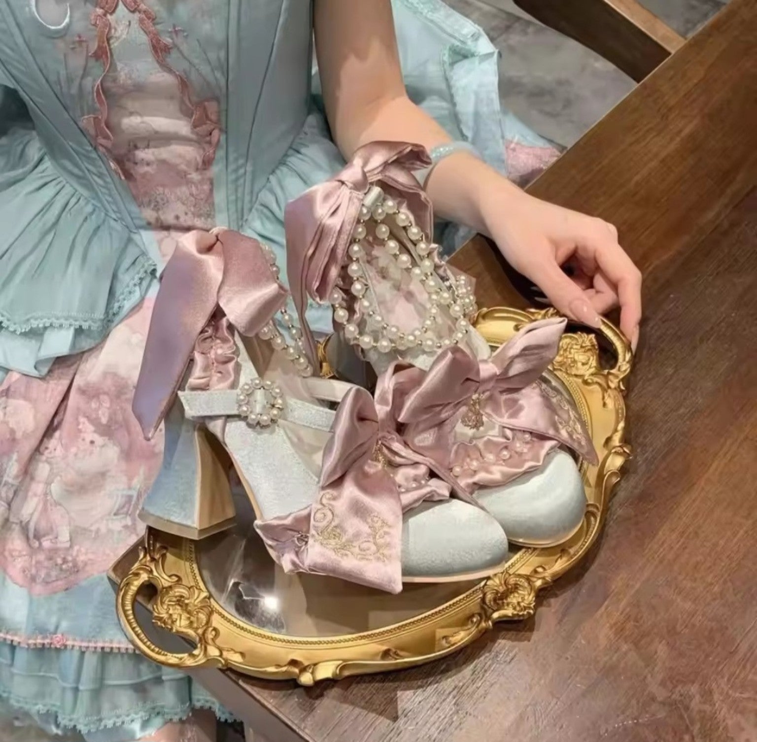 Pink bow Velvet Princess Heels styled with blue Lolita dress