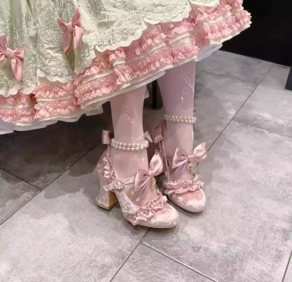 Pink Velvet Bow Princess Heels styled with Lolita outfit