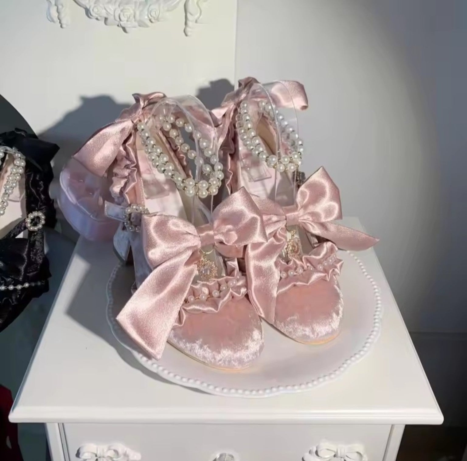 Pink Velvet Bow Princess Heels front product view
