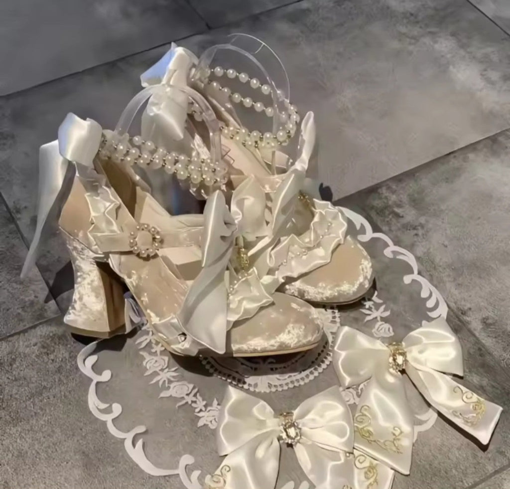 White Velvet Bow Princess Heels with pearl straps and ruffle details