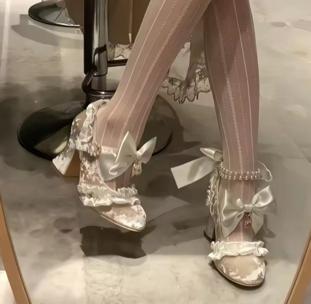 White Velvet Bow Princess Heels styled with tights