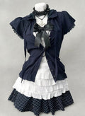 Vintage navy cardigan, white ruffled inner layer and polka dot skirt three-piece set