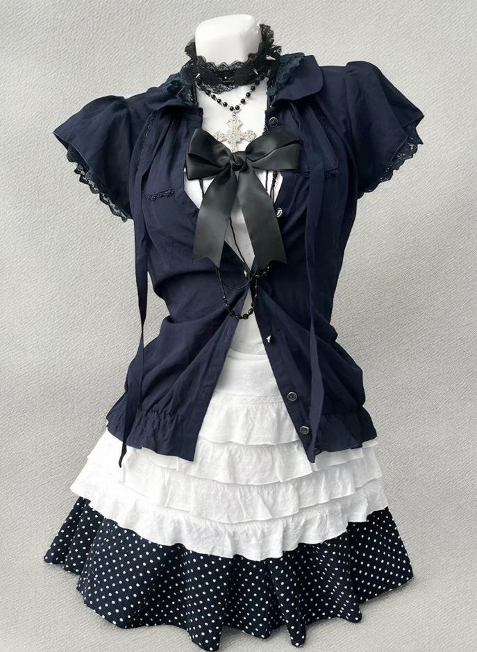 Vintage navy cardigan, white ruffled inner layer and polka dot skirt three-piece set