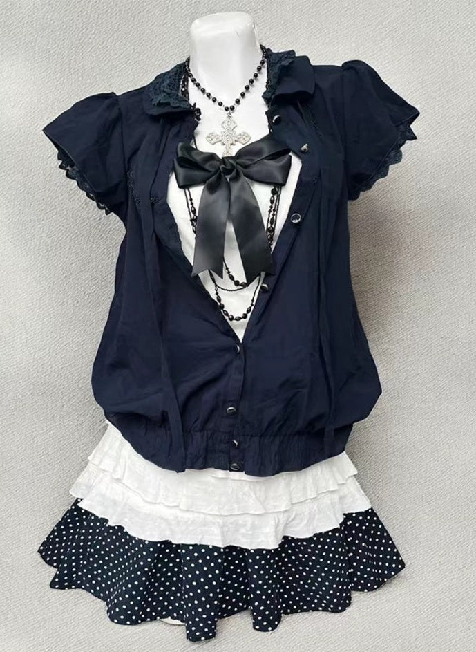 Vintage navy cardigan and layered skirt outfit
